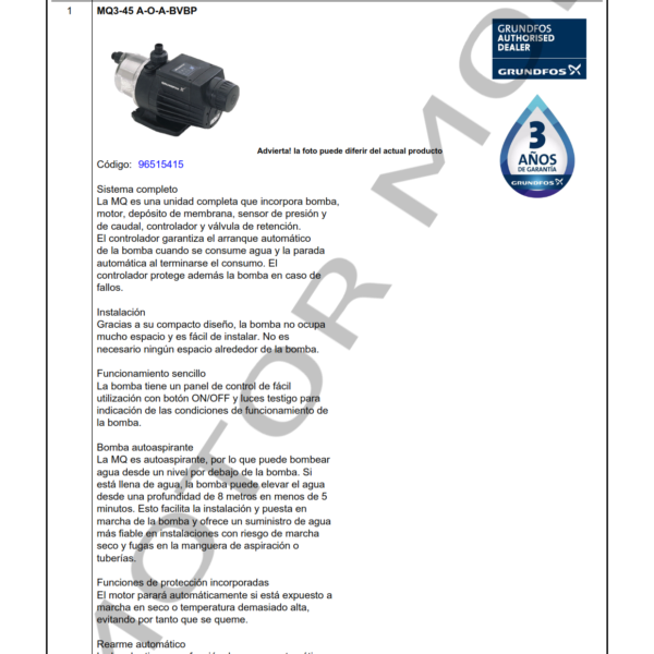 BOMBA PRESURIZADORA DOMESTICA GRUNDFOS MQ 3-45 670 WATT MONOFASICA ...