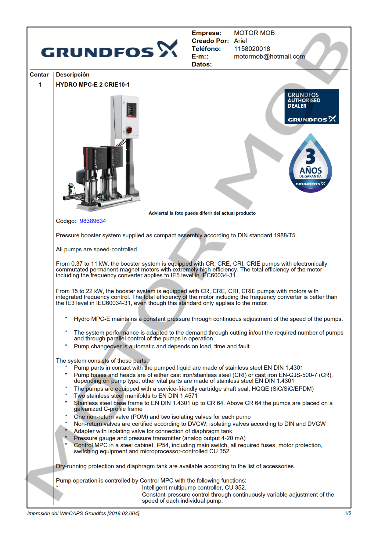 GRUNDFOS HYDRO MPC-E CRE 10-1 ARTICULO 98389634 MOTOR MOB_001