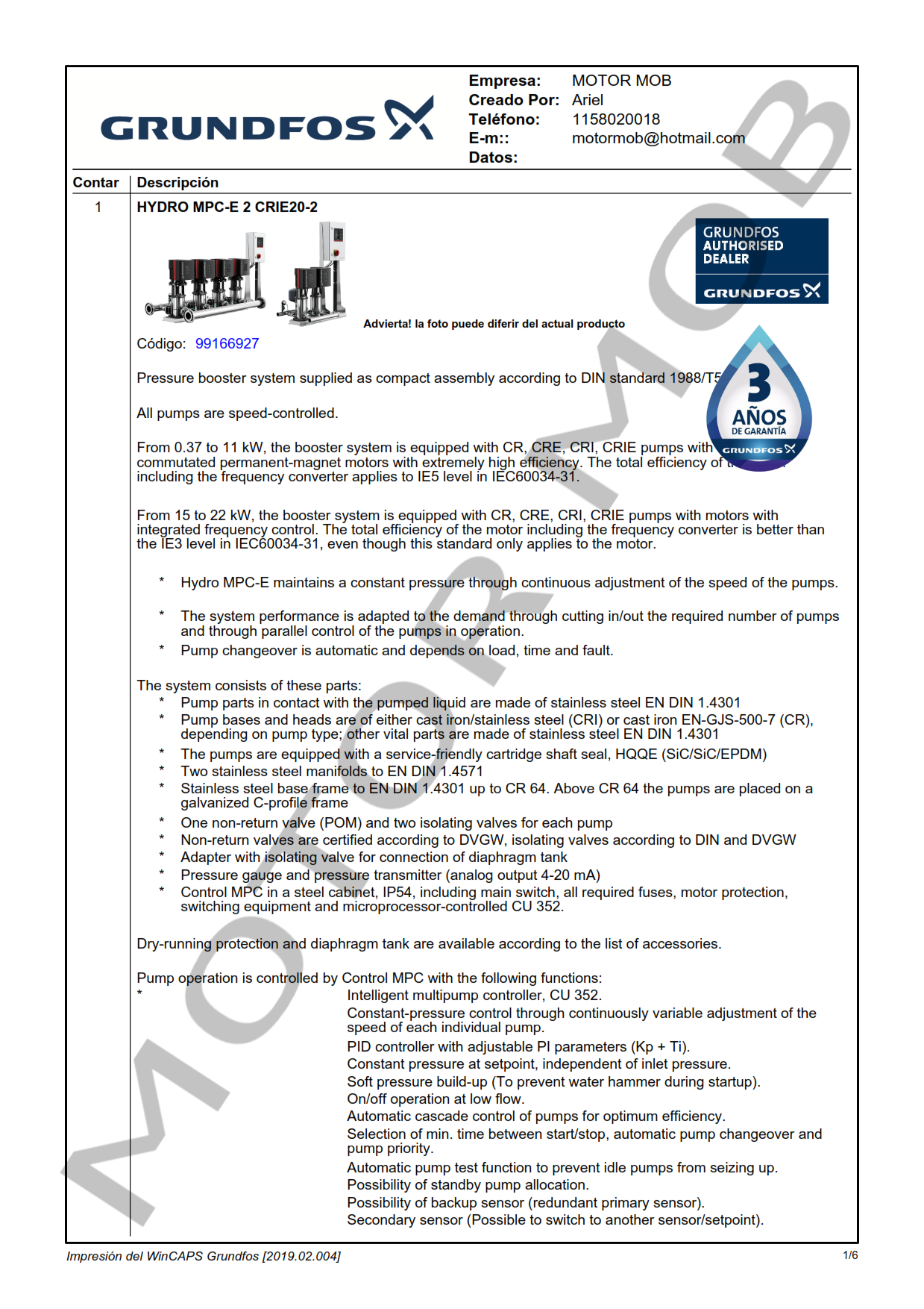 GRUNDFOS HYDRO MPC-E CRE 20-2 ARTICULO 99166927 MOTOR MOB_001