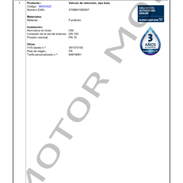 GRUNDFOS NON-RETURN BALL VALVE DN150PN10 ARTICULO 96003423 MOTOR MOB_001